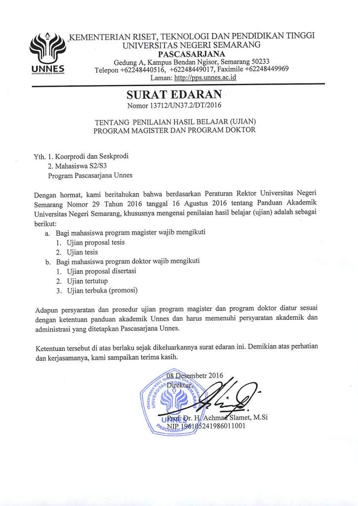 SURAT EDARAN TENTANG PENILAIAN HASIL BELAJAR UJIAN PROGRAM MAGISTER