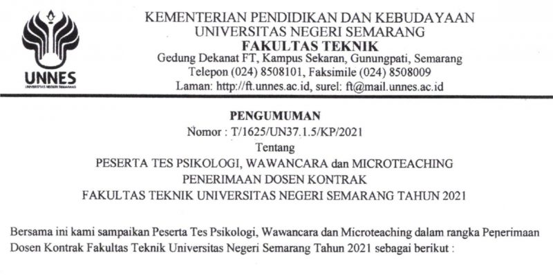 Pengumuman Ujian Penerimaan Calon Dosen Kontrak FT 2021 – Faculty Of ...