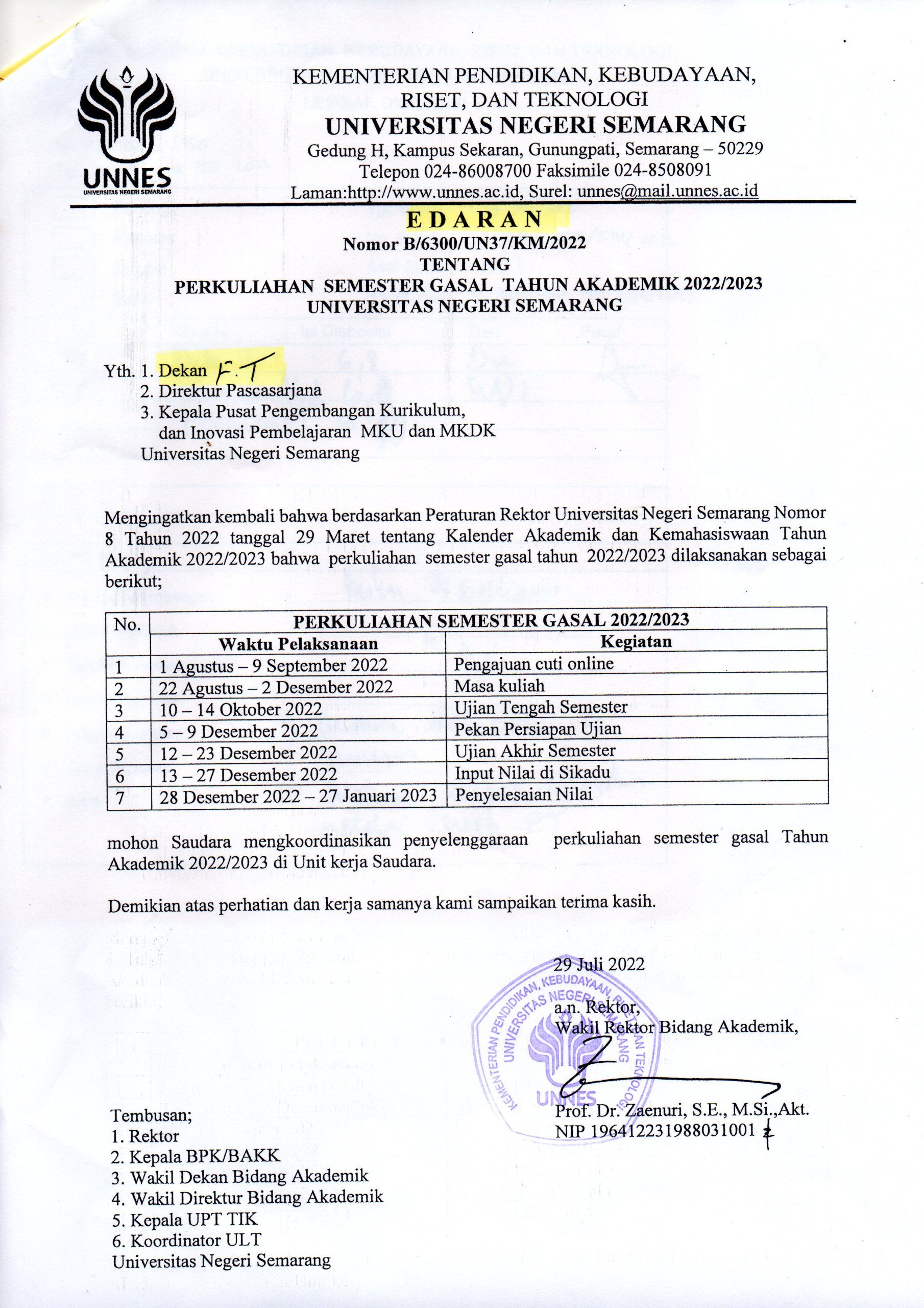 Surat Edaran Perkuliahan Semester Gasal Tahun Akademik 2022/2023 UNNES