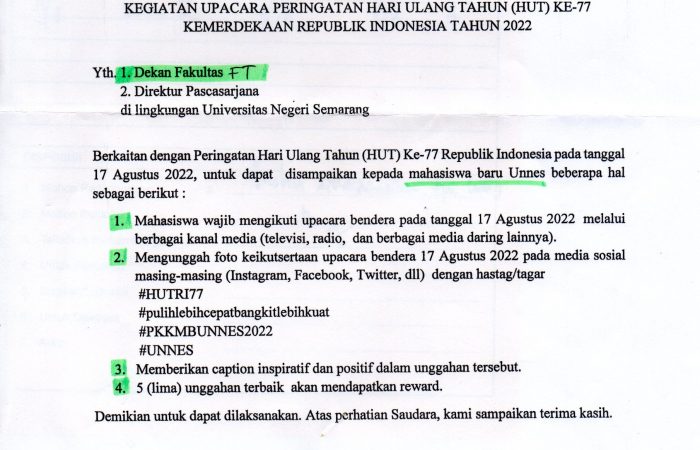 Surat Edaran Kegiatan Upacara Peringatan HUT Ke-77 Kemerdekaan Republik Indonesia