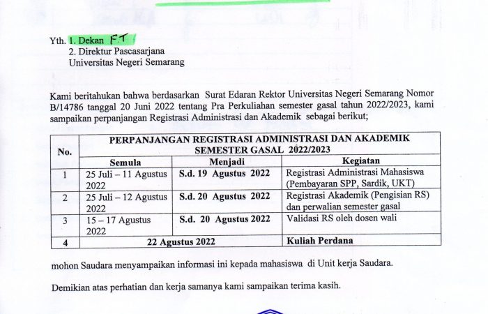 Surat Edaran Perpanjangan Registrasi Administrasi dan Akademik Semester Gasal Tahun 2022/2023 Universitas Negeri Semarang