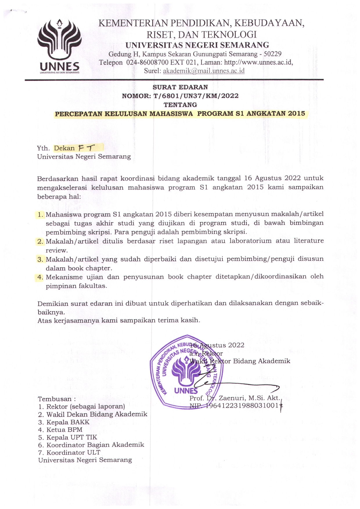 Surat Edaran Percepatan Kelulusan Mahasiswa Program S1 Angkatan 2015