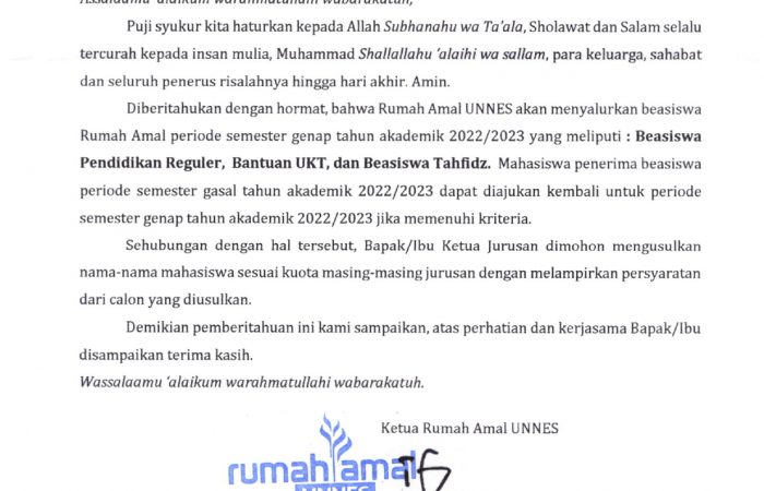 SURAT MASUK 23 NO 0025 ; Rumah Amal UNNES ; Pemberitahuan Beasiswa_page-0001