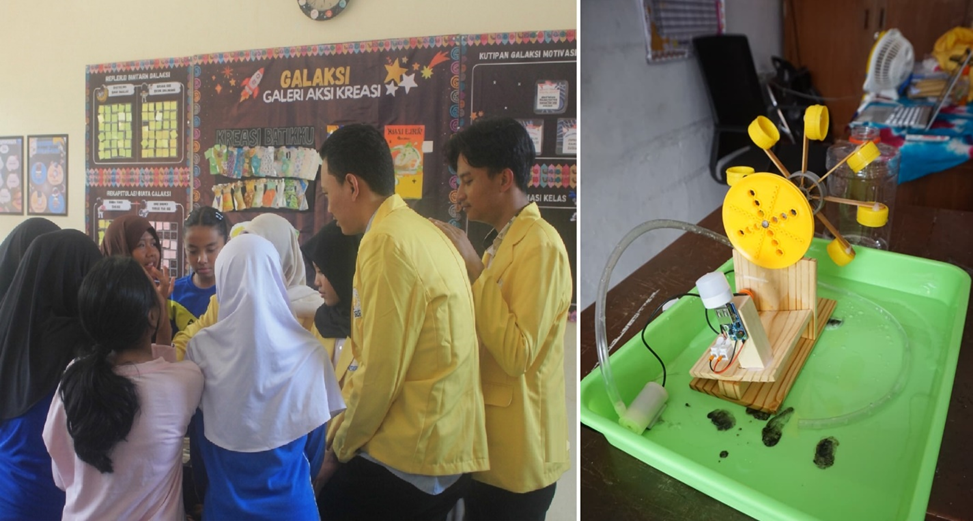 Mahasiswa Pendidikan Fisika UNNES mendampingi siswa dalam edukasi energi terbarukan dan menampilkan Mini Water Turbine.