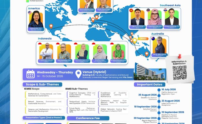 Poster Joint International Conference ICMSE dan ISMEI 2026 di FMIPA UNNES.
