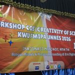 Stage banner of the Workshop Creativity of Science UKM KWU FMIPA UNNES 2026 themed around business and personal branding in the digital era.