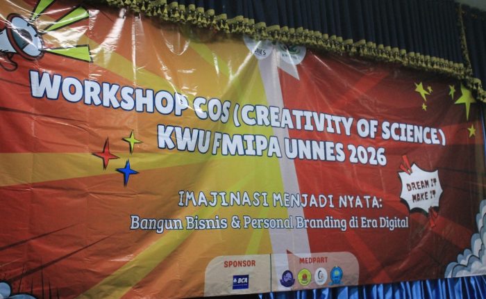 Stage banner of the Workshop Creativity of Science UKM KWU FMIPA UNNES 2026 themed around business and personal branding in the digital era.
