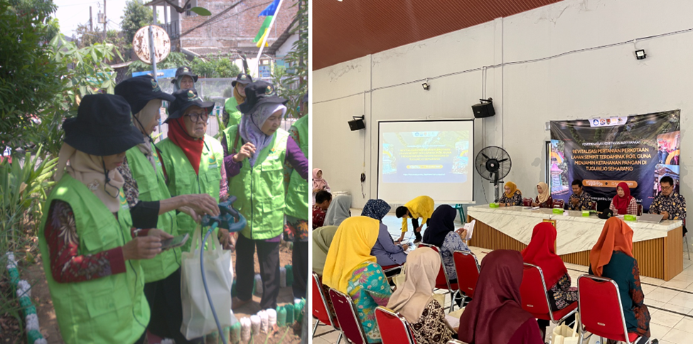 Sekelompok ibu mengenakan rompi hijau dan topi hitam sedang mengamati area tanaman di luar ruangan, berdampingan dengan foto suasana presentasi di dalam gedung.