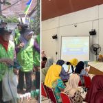 A group of women wearing green vests and black hats observing a plant area outdoors, next to a photo of a presentation in an indoor hall.