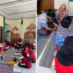 Kolase foto sekelompok ibu-ibu berseragam merah sedang duduk lesehan mendengarkan materi, bersanding dengan foto ibu-ibu sedang menimbang potongan kulit buah menggunakan timbangan duduk.