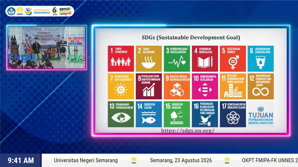 Tampilan materi Sustainable Development Goals (SDGs) pada kegiatan OKPT 2026 FMIPA UNNES.