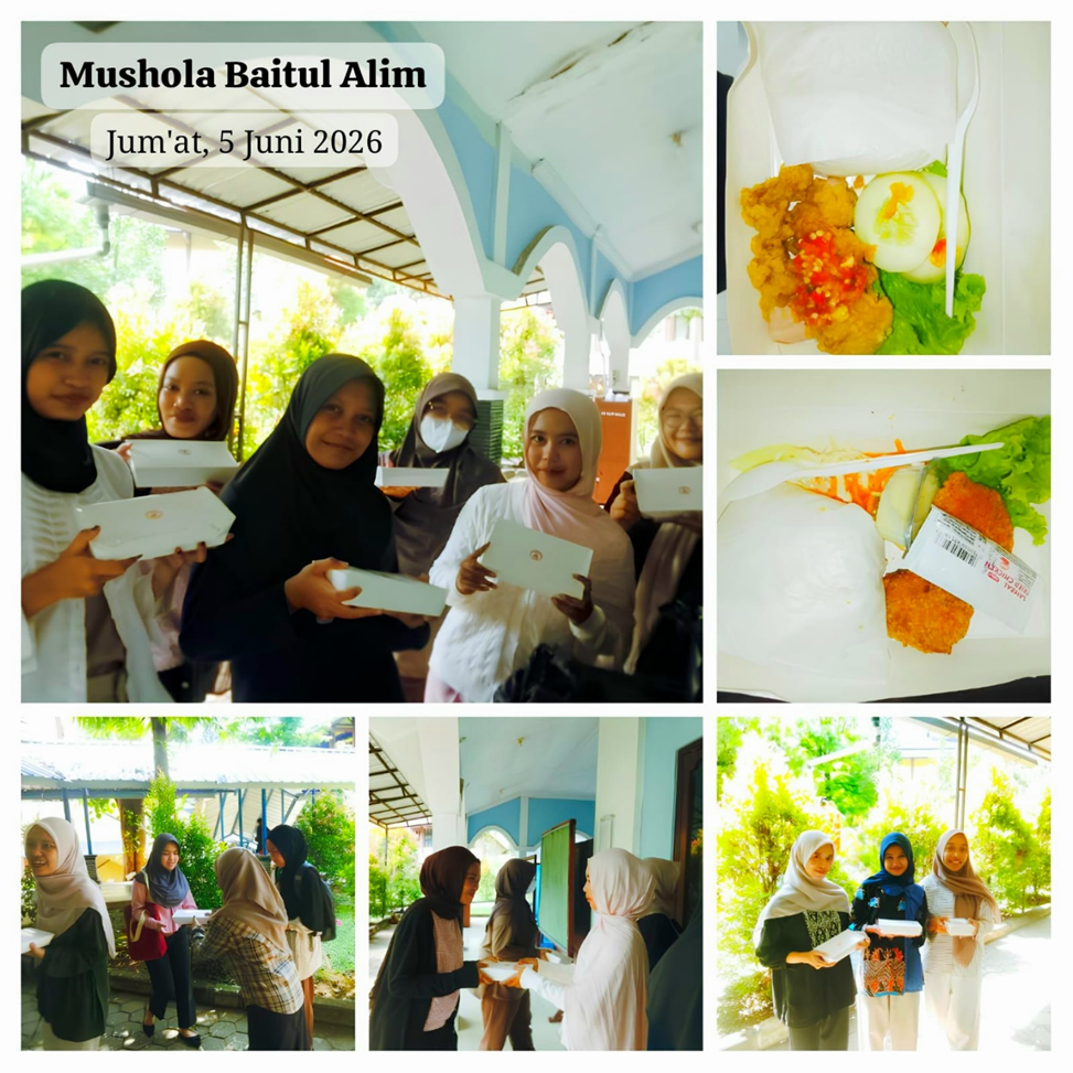 Kolase foto mahasiswa perempuan tersenyum sambil memegang kotak makanan berwarna putih, bersanding dengan foto detail isi kotak berupa nasi, ayam goreng, sayuran, dan sambal.