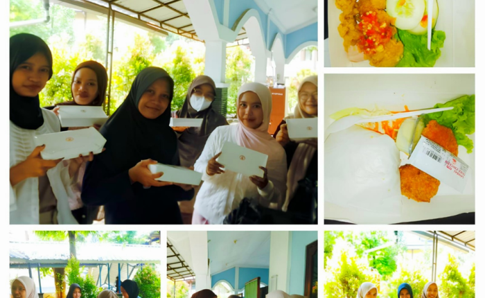 A photo collage of smiling female students holding white food boxes, alongside detailed photos of the box contents including rice, fried chicken, vegetables, and chili paste.