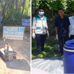 A photo collage of biogas pipe and reactor installations in a rural area, alongside a photo of students in vests and farmers pouring liquid into a large blue plastic barrel in a plantation area.