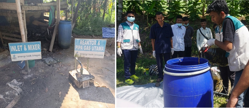 A photo collage of biogas pipe and reactor installations in a rural area, alongside a photo of students in vests and farmers pouring liquid into a large blue plastic barrel in a plantation area.