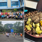 Kolase foto sekelompok orang sedang senam di halaman parkir, foto bersama peserta senam, dan sebuah tampah berisi makanan rebusan berupa pisang, kacang tanah, ubi, serta jagung manis.
