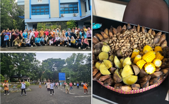 Kolase foto sekelompok orang sedang senam di halaman parkir, foto bersama peserta senam, dan sebuah tampah berisi makanan rebusan berupa pisang, kacang tanah, ubi, serta jagung manis.