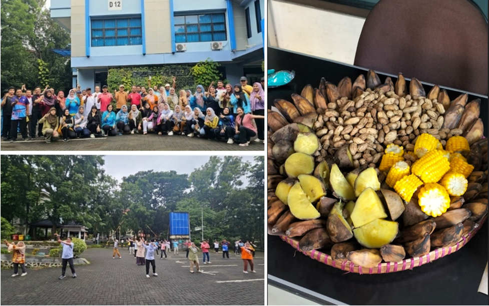 Kolase foto sekelompok orang sedang senam di halaman parkir, foto bersama peserta senam, dan sebuah tampah berisi makanan rebusan berupa pisang, kacang tanah, ubi, serta jagung manis.