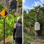 A photo collage showing a student in a PPK Ormawa vest standing with their back to the camera in front of a yellow landslide warning sign, next to a photo of a metal pole equipped with a solar panel and an EWS device box in a vegetated area.