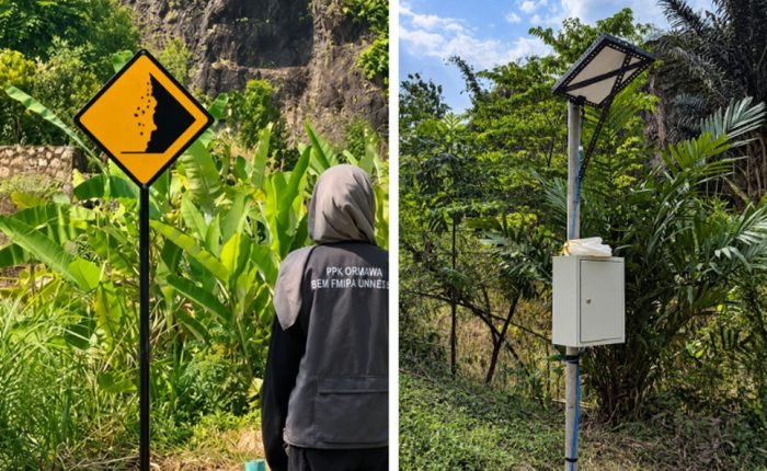 A photo collage showing a student in a PPK Ormawa vest standing with their back to the camera in front of a yellow landslide warning sign, next to a photo of a metal pole equipped with a solar panel and an EWS device box in a vegetated area.