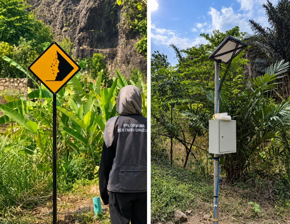 A photo collage showing a student in a PPK Ormawa vest standing with their back to the camera in front of a yellow landslide warning sign, next to a photo of a metal pole equipped with a solar panel and an EWS device box in a vegetated area.