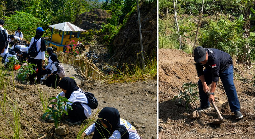 Kolase foto aktivitas penanaman pohon; sebelah kiri menampilkan sekelompok mahasiswa menanam di lereng tanah berundak, sementara sebelah kanan memperlihatkan seorang pria sedang menggunakan cangkul untuk menggali tanah di dekat bibit tanaman.