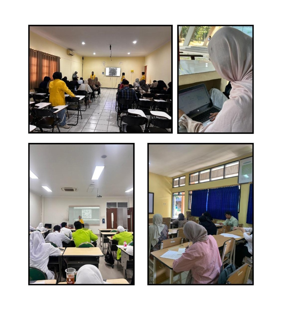 Kolase empat foto yang memperlihatkan suasana mahasiswa sedang duduk di kursi kelas mengerjakan soal atau mengisi survei, serta seorang mahasiswa yang sedang menggunakan laptop.