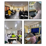 A collage of four photos showing students sitting at classroom desks working on tests or filling out surveys, alongside one student using a laptop.