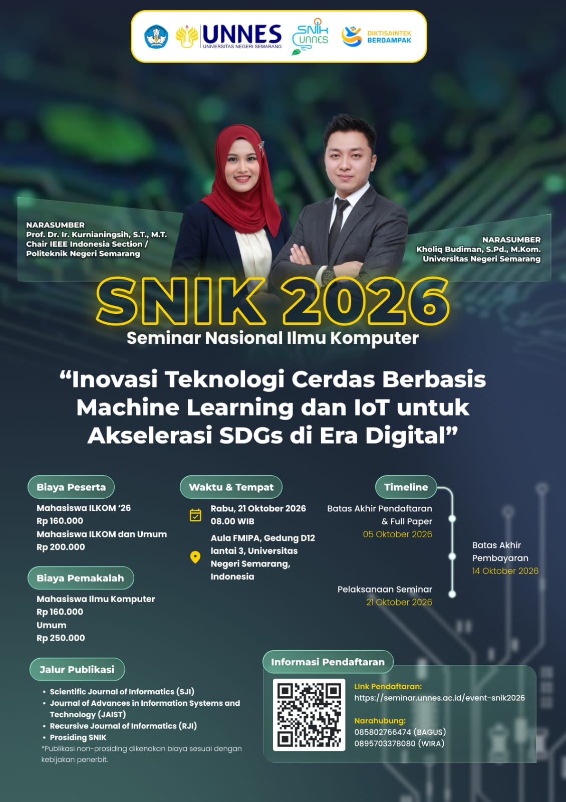 Digital poster for SNIK 2026 with a dark blue technological circuit background. It features photos of the two keynote speakers, Prof. Kurnianingsih and Kholiq Budiman, along with the theme text "Smart Technology Innovation Based on Machine Learning and IoT for SDGs Acceleration in the Digital Era", complete with details on time, fees, and a registration QR code.