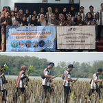 Kolase dua foto. Foto atas menampilkan sekelompok mahasiswa dan dosen berfoto bersama memegang spanduk kegiatan NSC 2026. Foto bawah menampilkan para mahasiswa berjalan di area lumpur pesisir sambil membawa bibit mangrove.