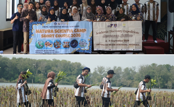 A collage of two photos. The top photo shows a group of students and lecturers posing together holding NSC 2026 event banners. The bottom photo shows students walking in a muddy coastal area carrying mangrove seedlings.