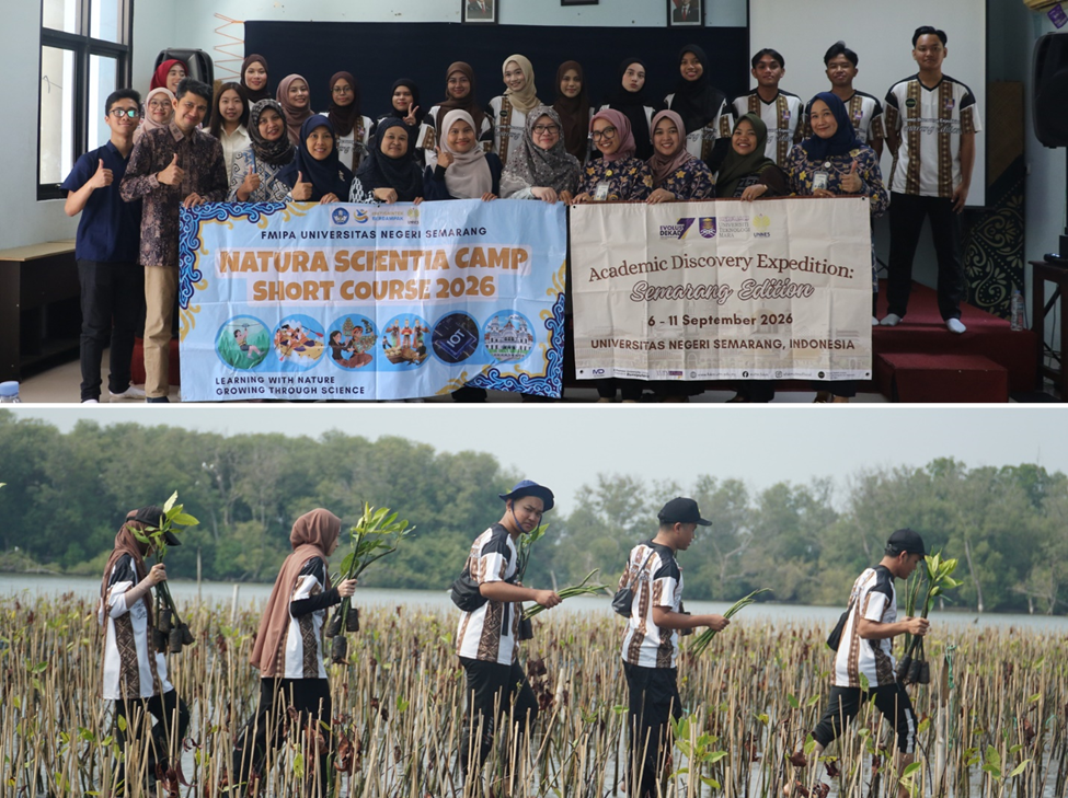 A collage of two photos. The top photo shows a group of students and lecturers posing together holding NSC 2026 event banners. The bottom photo shows students walking in a muddy coastal area carrying mangrove seedlings.