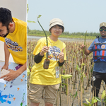 Kolase dua foto. Sisi kiri menampilkan tiga mahasiswa internasional sedang mengamati alat peraga sains di atas peta Indonesia. Sisi kanan menampilkan dua mahasiswa internasional dan satu pendamping lokal tersenyum sambil memegang bibit mangrove di area lumpur pesisir.