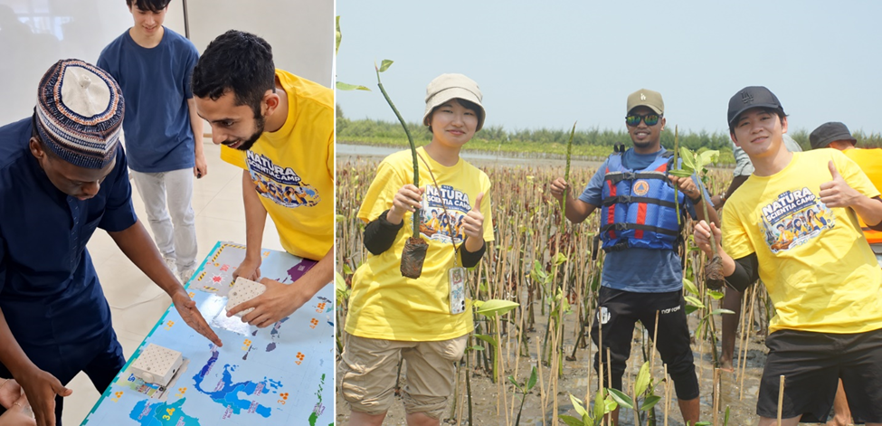 A collage of two photos. The left side shows three international students observing a science prop on a map of Indonesia. The right side shows two international students and one local guide smiling while holding mangrove seedlings in a muddy coastal area.